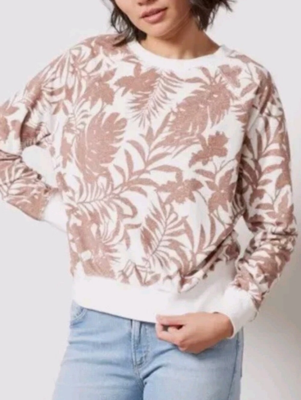evereve celine palm terry pullover sweatshirt top crewneck size S